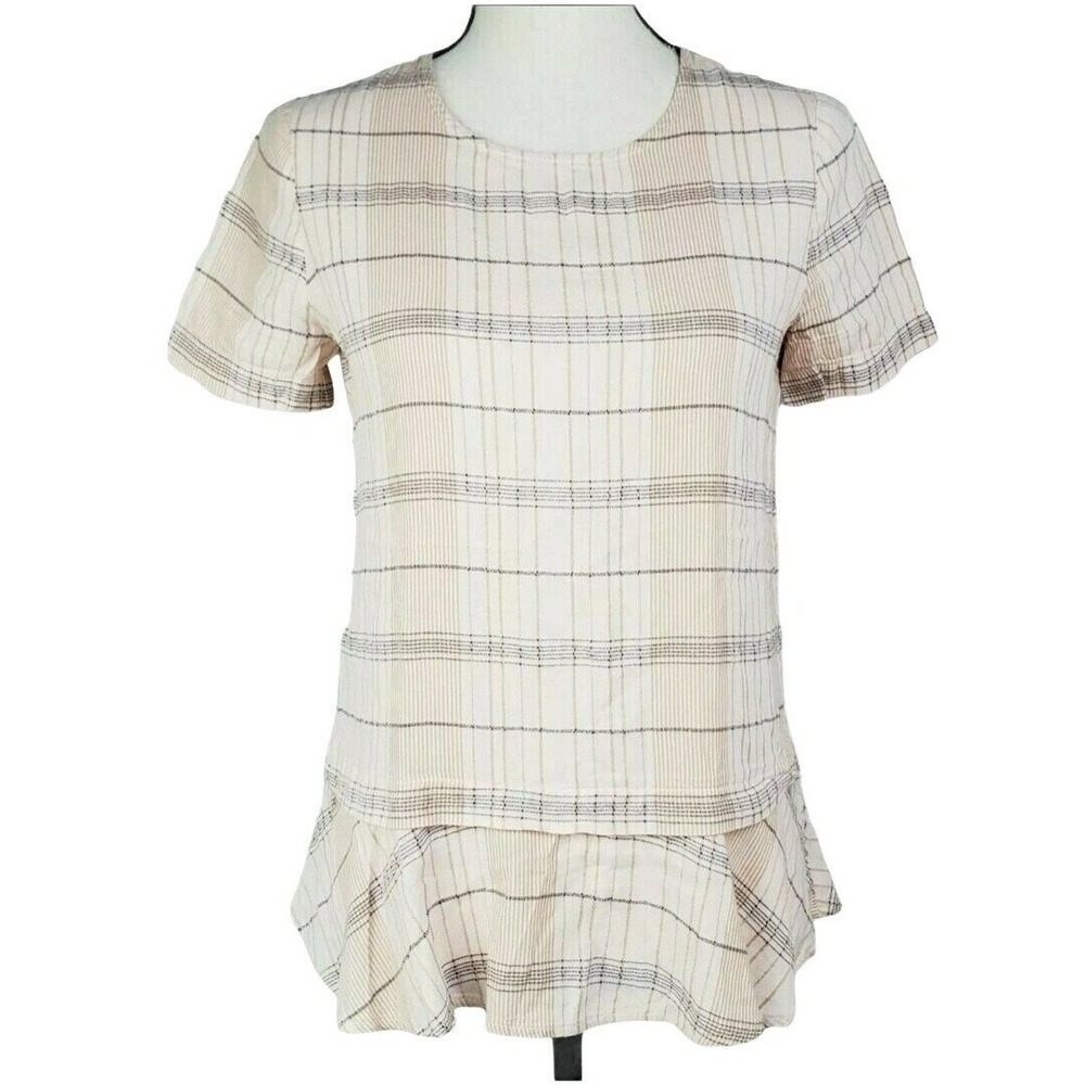 Ro & De Pink Plaid‎ Peplum Top Womens XS Ruffle Hem Short Sleeve Blouse Career